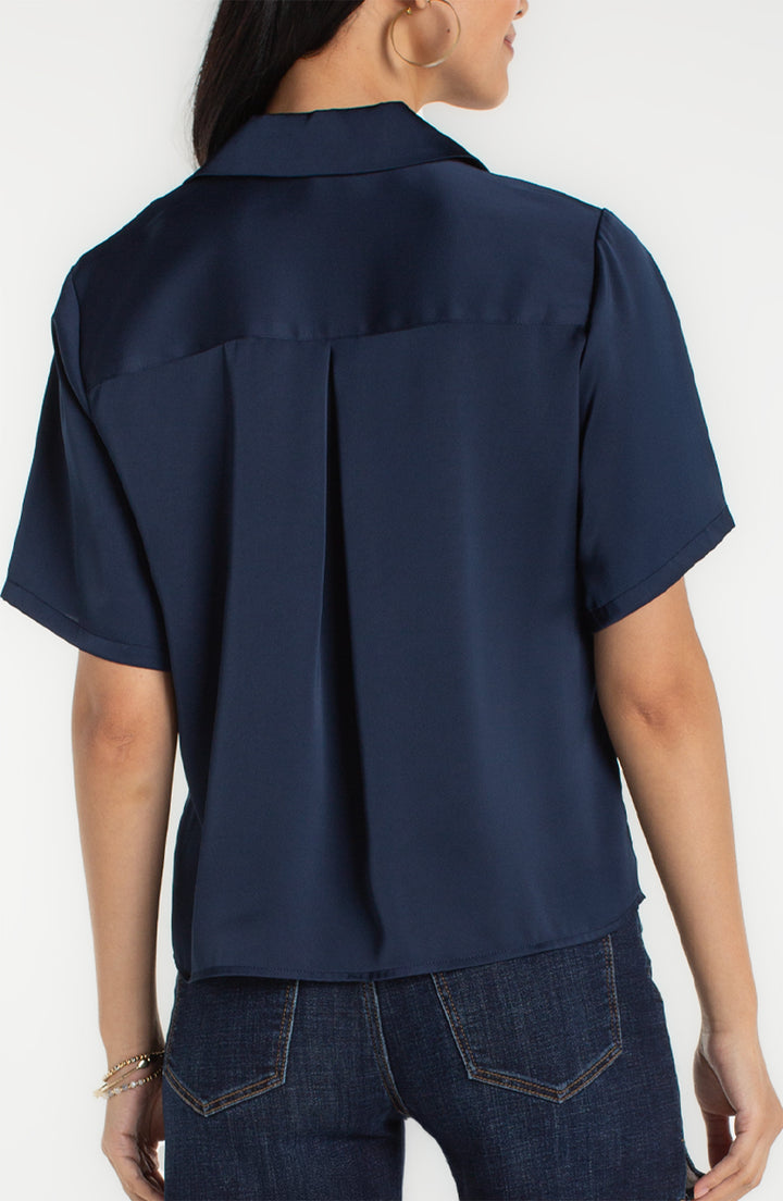 Liverpool Los Angeles Short Sleeve Camp Collar Woven Top in Navy