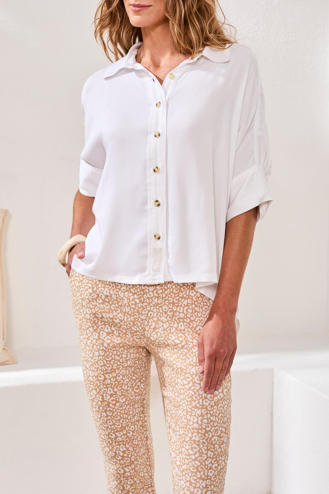 Tribal White Button Front Blouse