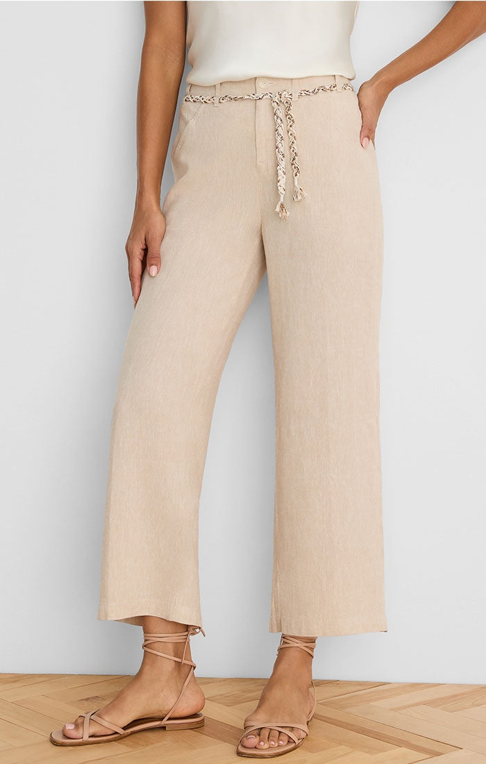 Nic + Zoe Eliot Wide Leg Rumba Linen Belted Crop Pant in Neutral