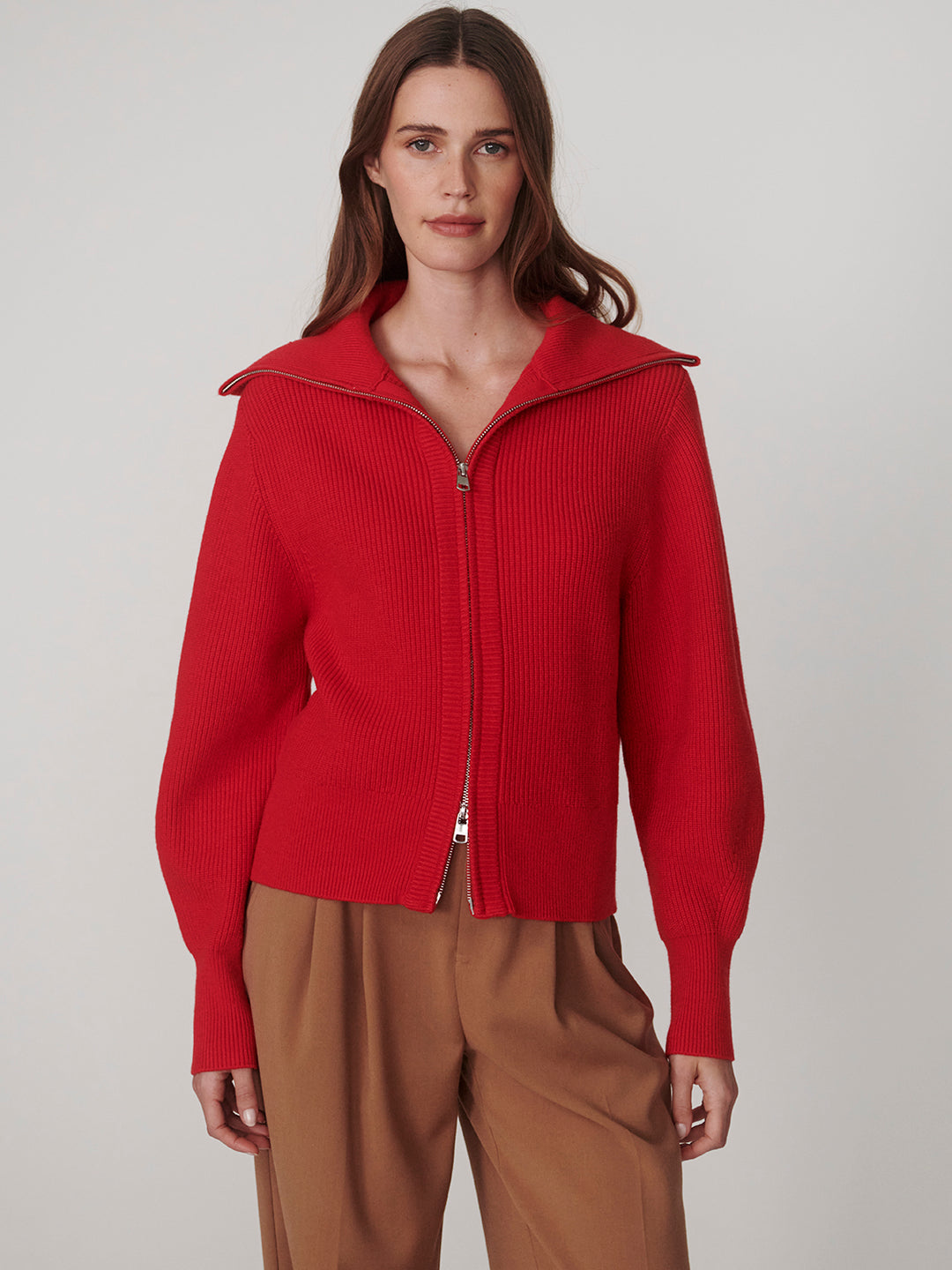 Varley Enrico Zip Through Knit Jacket in Washed Red
