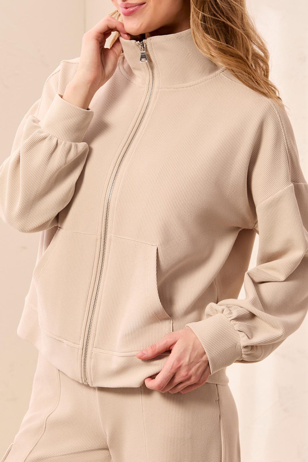 Tribal Mock Neck Zip Cardigan in Sand Dune