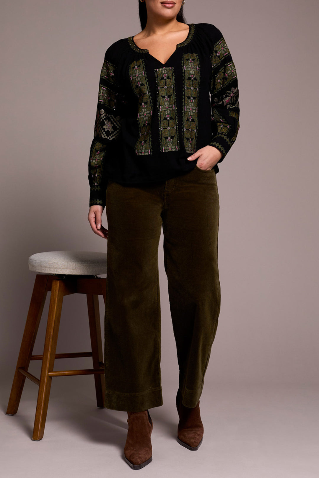 Tribal Long Sleeve Blouse With Floral Embroidery