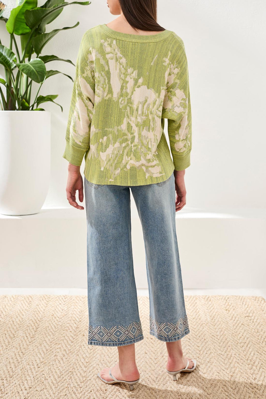 Tribal Quarter Sleeve U Neck Jacquard Top in Lemongrass