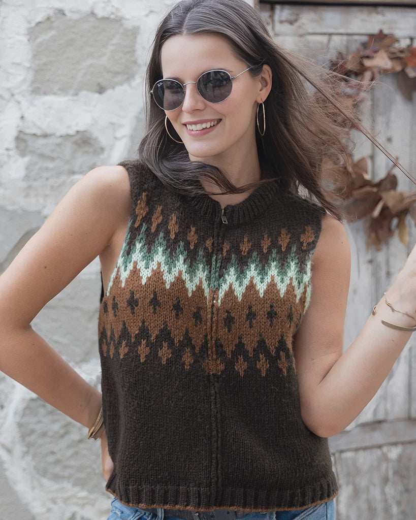 Wooden Ships Jaxon Faire Isle Zip Vest Chunky in Brown Brick