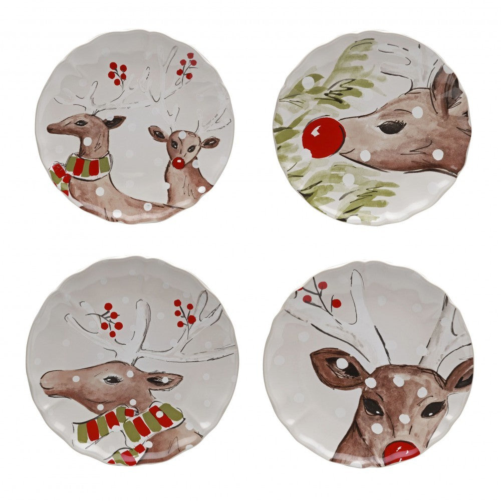 CASAFINA SET 4 SALAD PLATES 9'' DEER FRIENDS IN WHITE