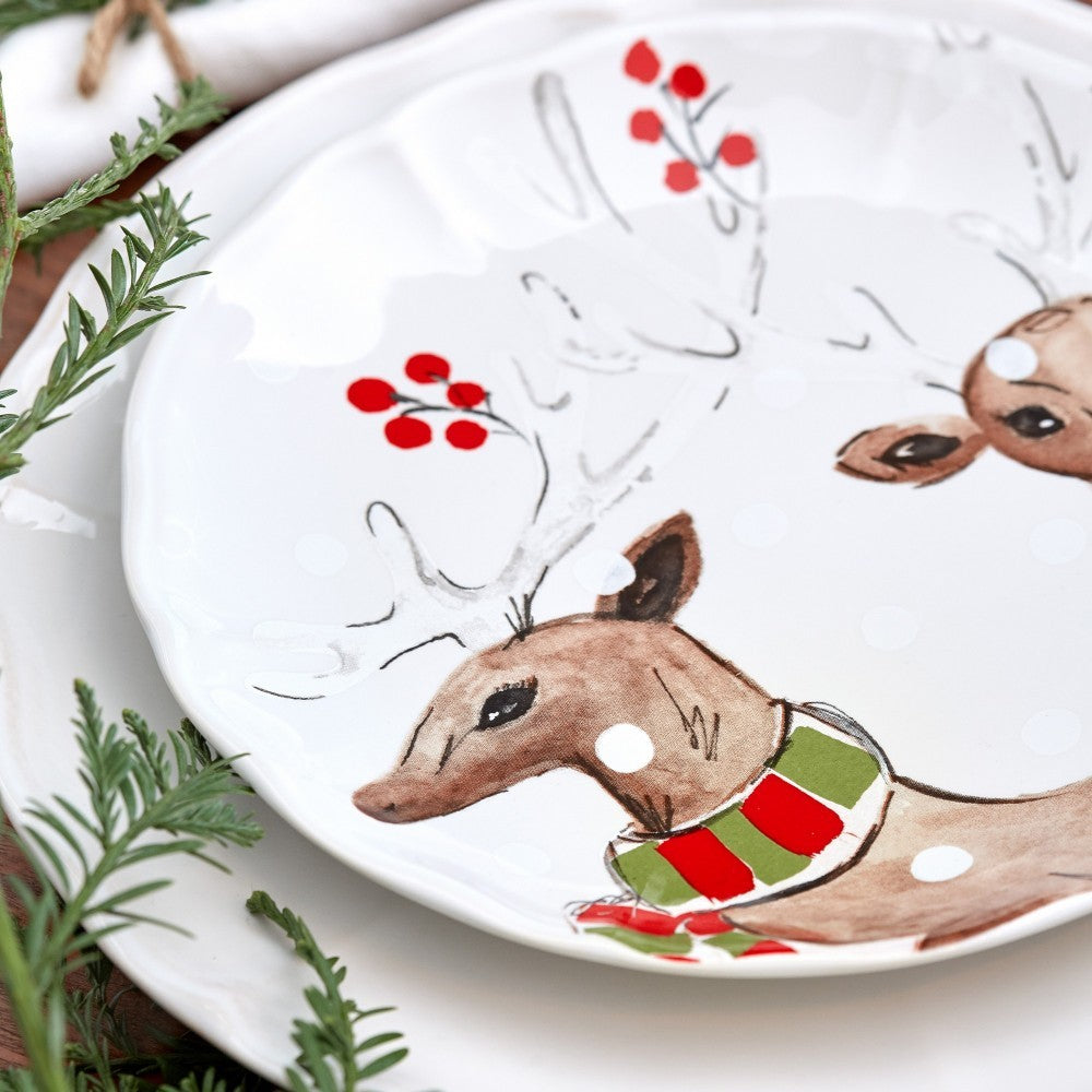 CASAFINA SET 4 SALAD PLATES 9'' DEER FRIENDS IN WHITE