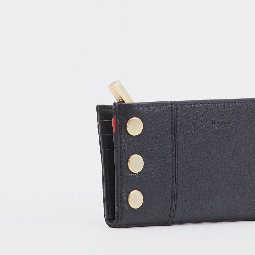 Hammitt 110 North Bifold Leather Wallet in Black Brushed Gold/Red Zip