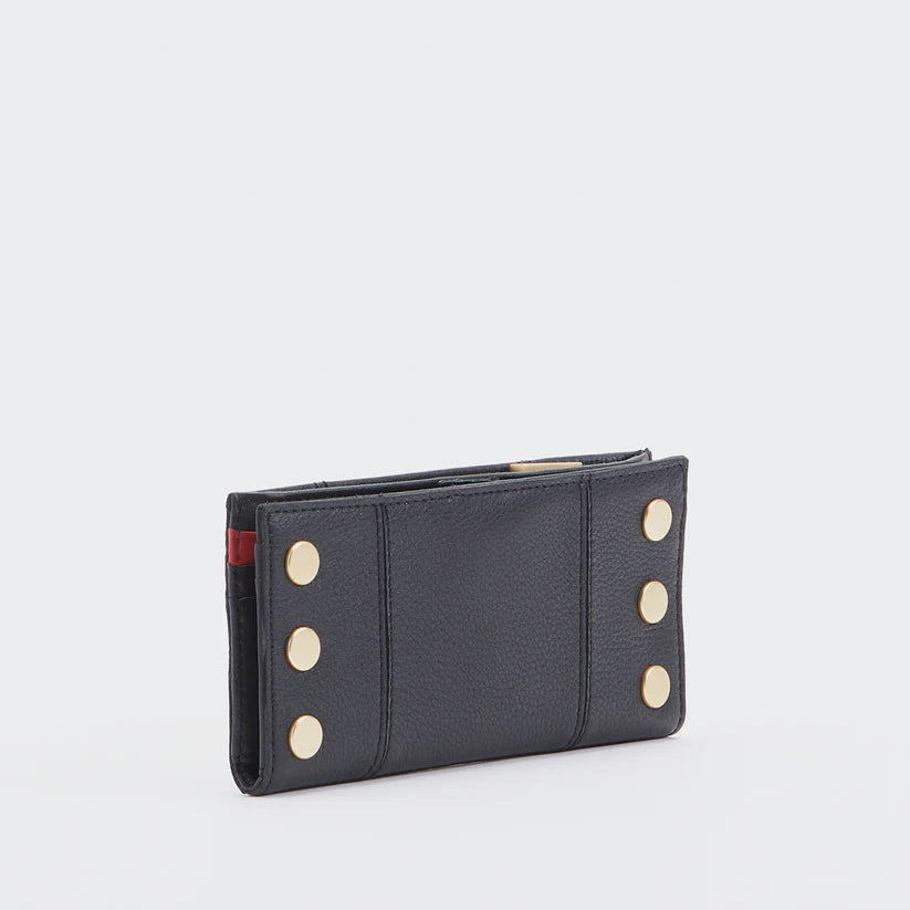 Hammitt 110 North Bifold Leather Wallet in Black Brushed Gold/Red Zip