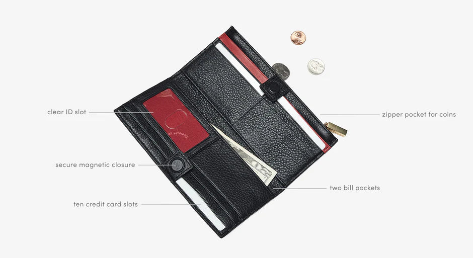 Hammitt 110 North Bifold Leather Wallet in Black Brushed Gold/Red Zip